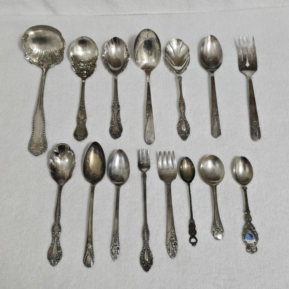 VTG Serving‎ Spoon Fork Lot of 15 Floral Art Some Silverplated